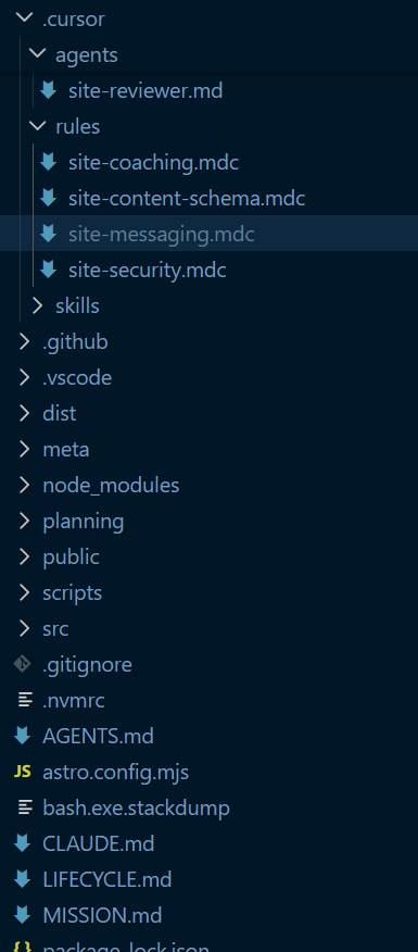 Workspace file tree showing persistent rules, skills, and agent definitions populated on the SME's own machine
