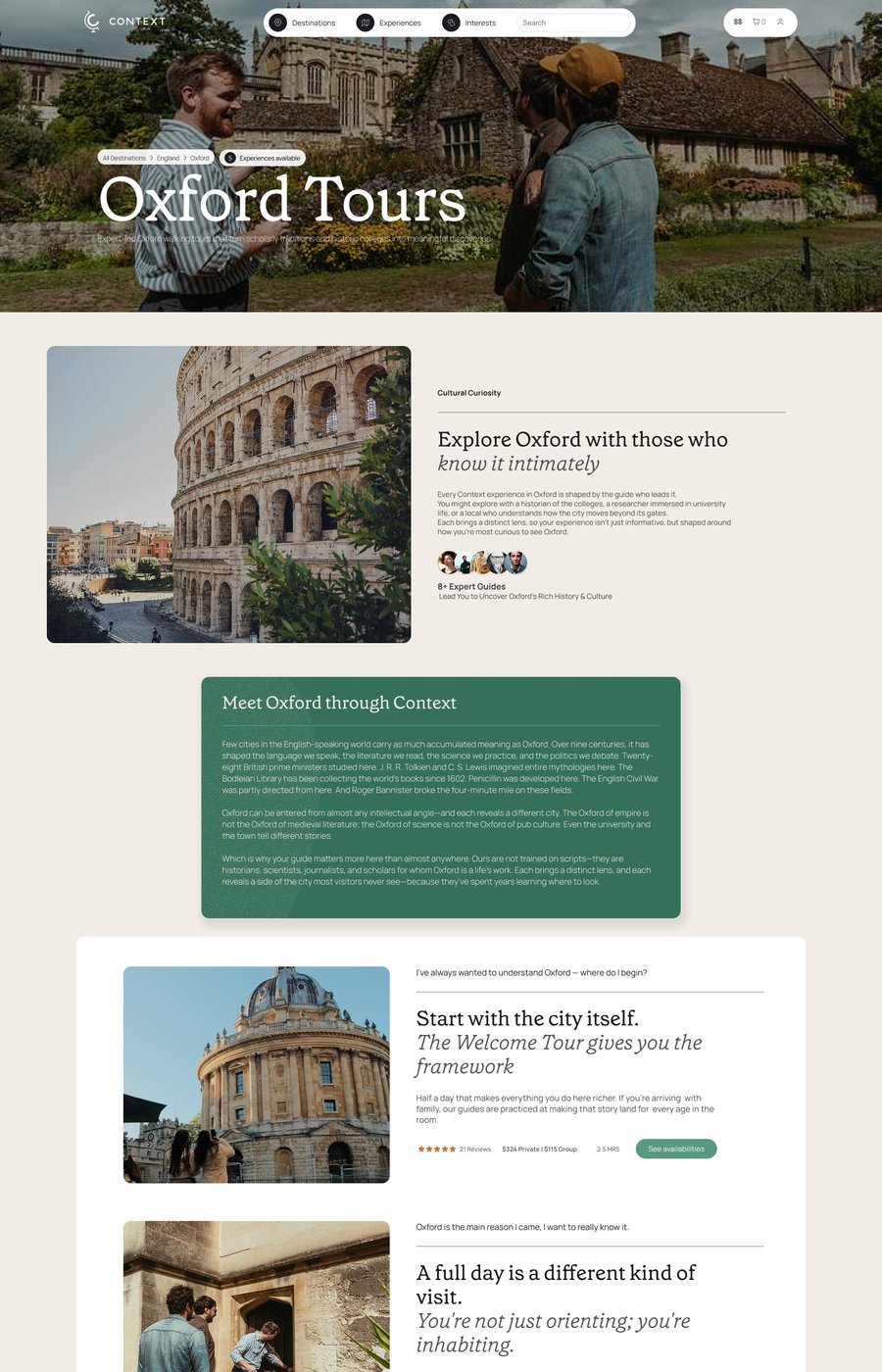 Oxford's city page after the main redesign: still a simple, sparse layout for a destination with only a handful of products
