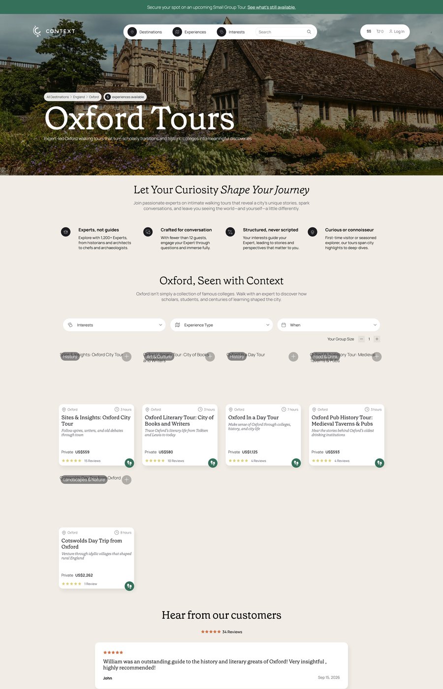 Proposed Oxford redesign: curated tour cards with no location sub-filtering