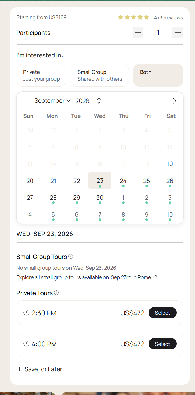 The booker calendar's redesigned toggle (Private / Small Group / Both) with day-level availability dots, shown with Both selected on a date where only private tours were actually bookable