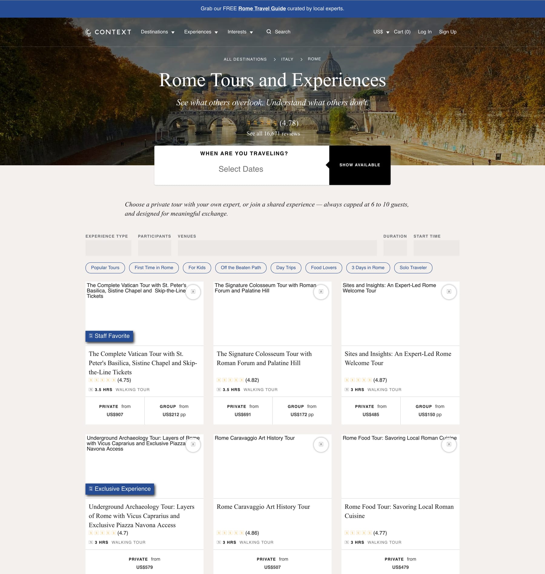 The old Rome city page: a generic hero banner over a flat grid of tour cards, each led by price and star rating with no organizing structure beyond a row of destination filter chips