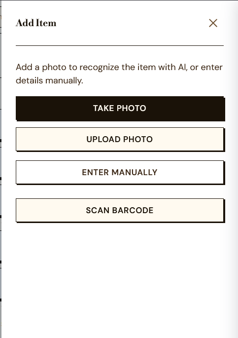 Stashwell's Add Item flow offering four capture paths: take photo, upload photo, enter manually, or scan barcode
