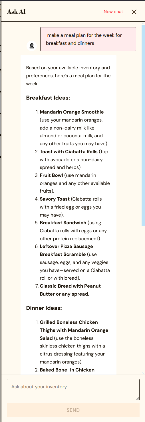 Stashwell's Ask AI chat generating a weekly breakfast and dinner meal plan built from the items actually in the user's inventory